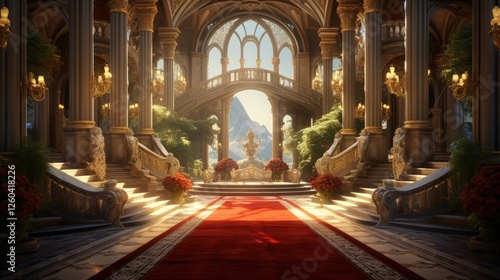 Wallpaper Mural Grand and Opulent Entrance with Majestic Architecture and Lush Greenery Illuminated by Soft Light in a Luxurious Setting, Grand Hall of a Gilded Palace Torontodigital.ca