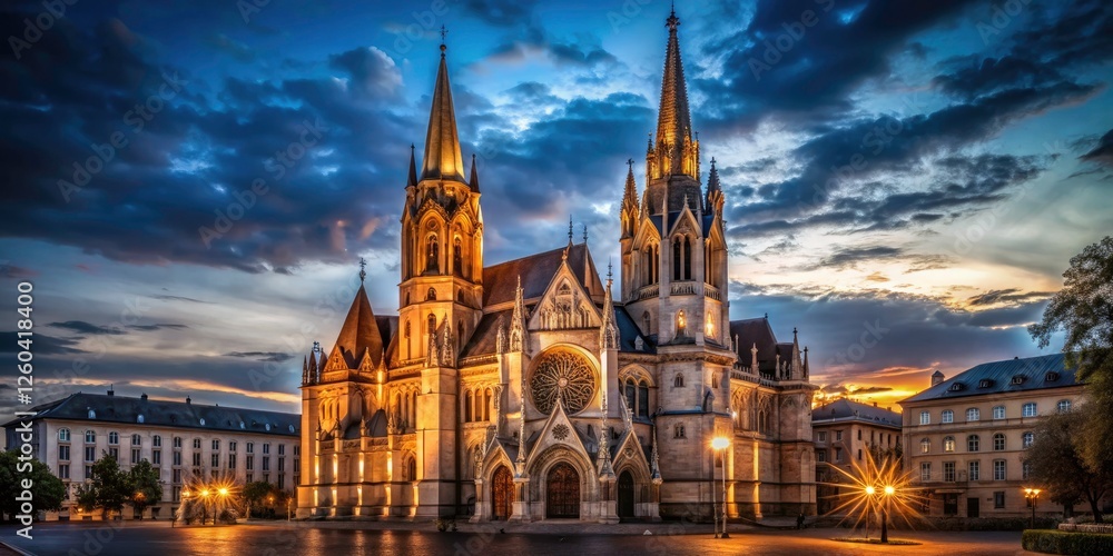 Fototapeta premium Gothic St. Elisabeth Church in Vienna, bathed in the dark drama of night, a stunning Austrian landmark.