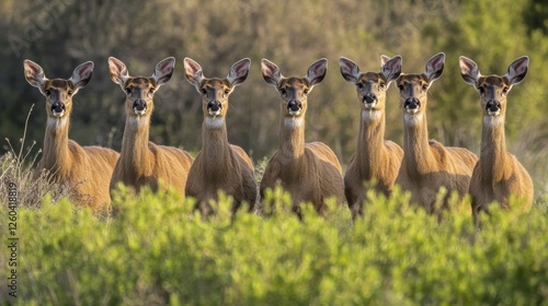 A group of tule elk, a type of deer, are standing in a field. They are on the lookout for predators at the San Luis National Wildlife Refuge in California. photo