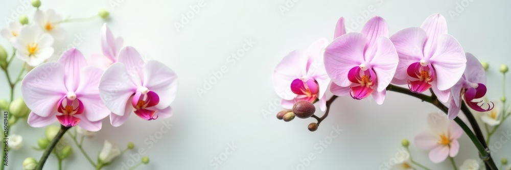 Pale pink orchids against a white and green floral backdrop, floral arrangement, orchid Pale pink orchids against a white and green floral backdrop, floral arrangement, orchid