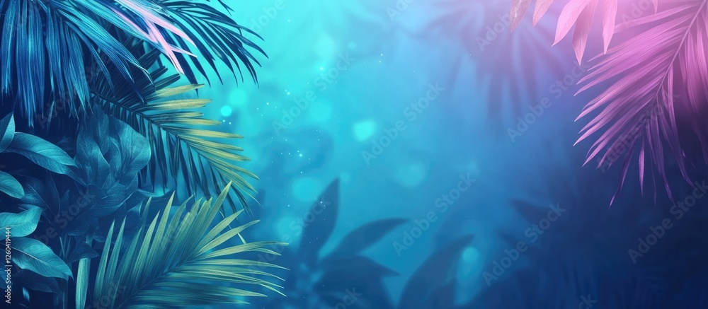 Tropical fantasy background featuring lush greenery and vibrant blue hues with ample space for text and design elements. Tropical fantasy background featuring lush greenery and vibrant blue hues with ample space for text and design elements.
