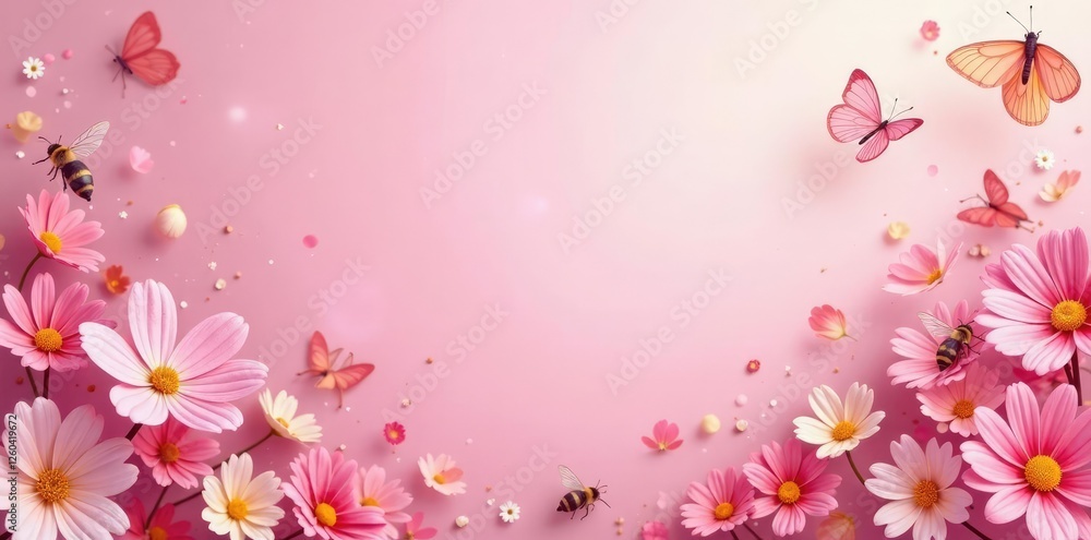 Pastel-colored background with scattered butterflies and bees, pink, Pastel-colored background with scattered butterflies and bees, pink,