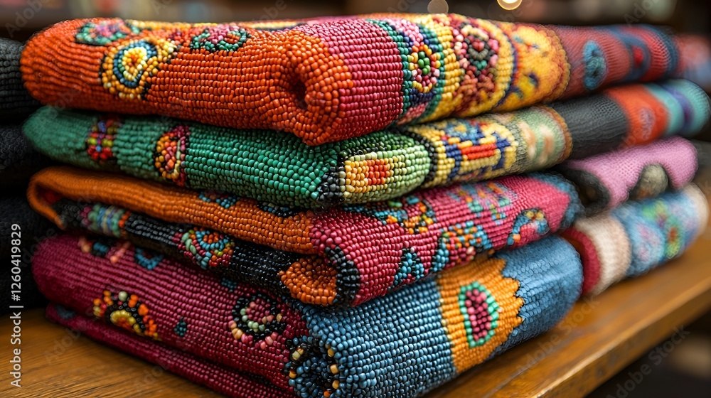 Colorful embroidered blankets stacked on wooden shelf Colorful embroidered blankets stacked on wooden shelf