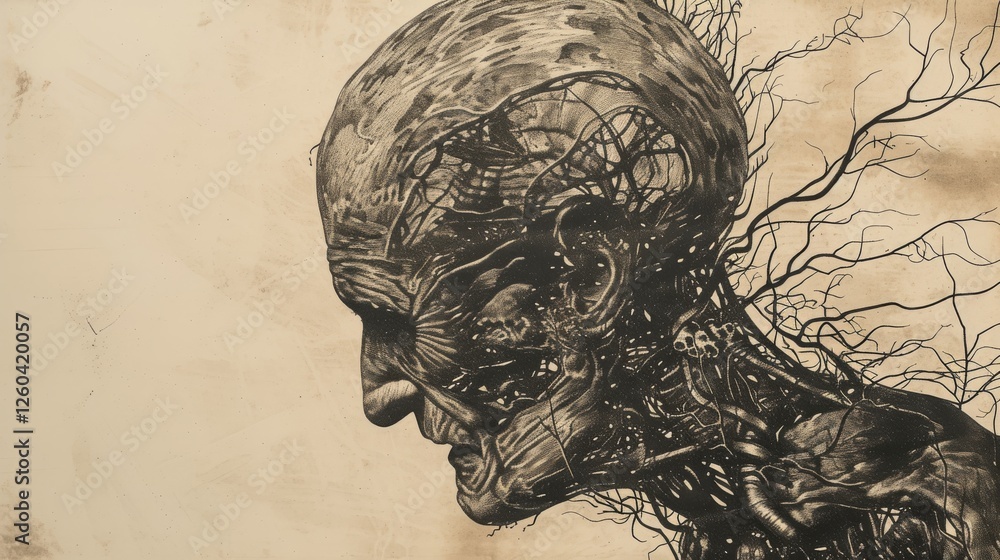 A surreal depiction of a human figure blending anatomical elements with organic, branching forms. The intricate details create a thought-provoking, artistic interpretation. AI generated.