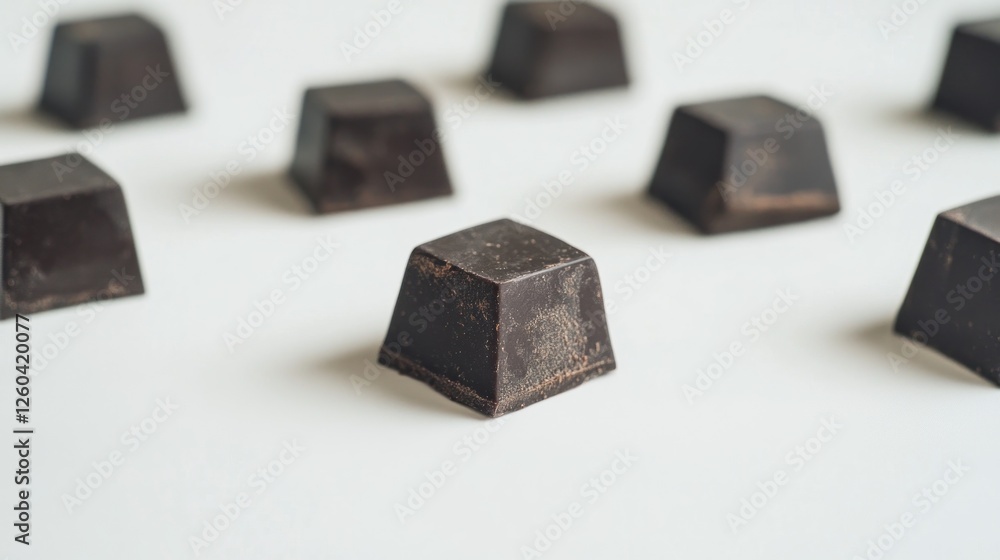 Dark chocolate squares on white background, food photography Dark chocolate squares on white background, food photography