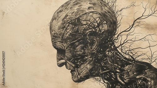 Obraz na płótnie A surreal depiction of a human figure blending anatomical elements with organic, branching forms. The intricate details create a thought-provoking, artistic interpretation. AI generated. w salonie