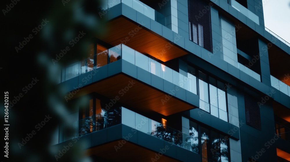 Stylish contemporary multistory apartment building with illuminated balconies Stylish contemporary multistory apartment building with illuminated balconies
