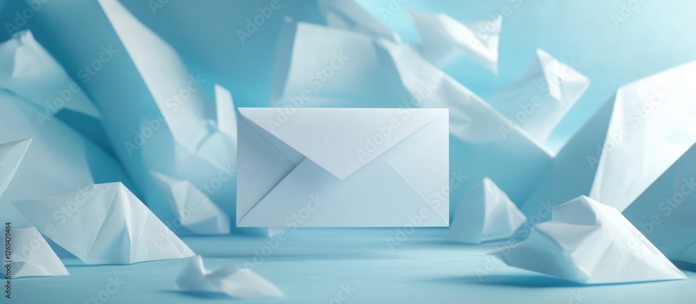 White envelope with gift on a clean background surrounded by crumpled paper for customizable text or holiday greetings. White envelope with gift on a clean background surrounded by crumpled paper for customizable text or holiday greetings.