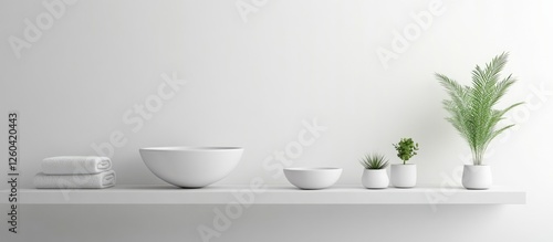 Chic Bathroom Accessories in Minimalistic Decor with Empty Space for Text on Trendy Floating Shelves