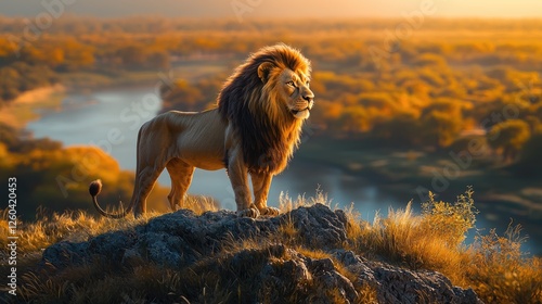 Majestic Lion Stands Proudly On A Hilltop Overlooking A River