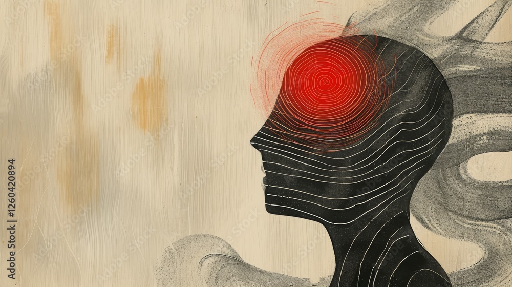Conceptual abstract profile with a red spiral symbolizing intensity, contrasted by dark textures and dynamic swirling lines, creating a mysterious atmosphere. AI generated.
