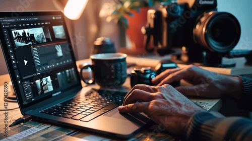 Video editing. Content creator's desk with laptop, coffee, and camera, focusing on editing a vlog in a serene work atmosphere