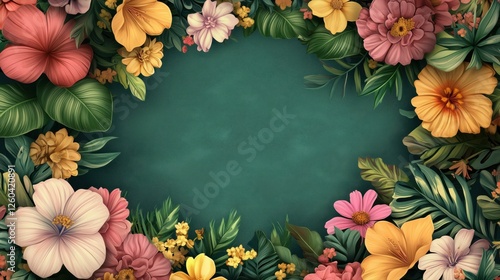 Lush tropical flowers creating a vibrant frame on green background
