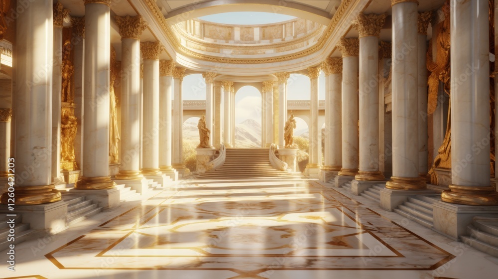 Obraz premium Majestic Interior of a Grand Hall with Golden Accents and White Marble Columns Bathed in Warm Natural Light, Grand Hall of a Gilded Palace