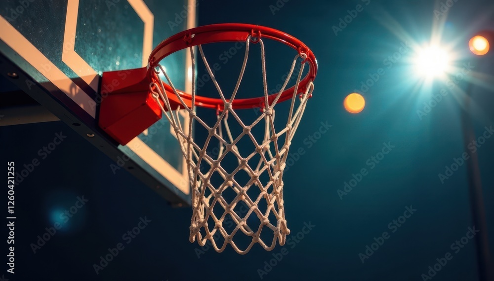 Close-up of basketball hoop with spotlight highlighting net, glow, texture, focus Close-up of basketball hoop with spotlight highlighting net, glow, texture, focus