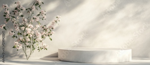 Minimalist white podium with blooming flowers in soft shadows on a grey background ideal for product presentation and text placement photo