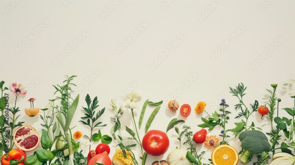 An aligned array of fresh vegetables, fruits, and flowers on a neutral backdrop, showcasing natural elements in a clean and minimal design for versatile uses. AI generated.