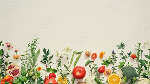 Obraz na płótnie An aligned array of fresh vegetables, fruits, and flowers on a neutral backdrop, showcasing natural elements in a clean and minimal design for versatile uses. AI generated. w salonie
