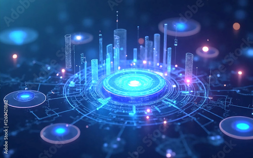 A futuristic tech interface with floating holographic icons and graphs, ultra-realistic 3D visuals with vibrant lighting.