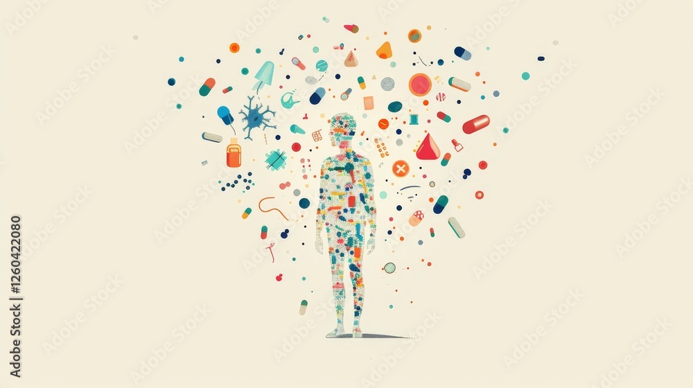 A human silhouette with vibrant pills, medical tools, and abstract symbols scattered around, representing medical themes and wellness. AI generated.
