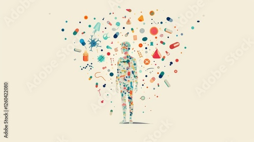 Obraz na płótnie A human silhouette with vibrant pills, medical tools, and abstract symbols scattered around, representing medical themes and wellness. AI generated. w salonie