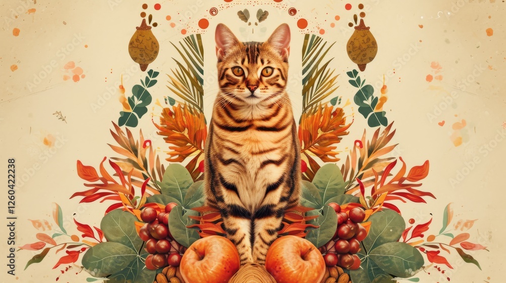 Bengal cat surrounded by rich autumnal leaves, fruits, and floral elements, blending nature and art in warm tones. A seasonal and artistic display. AI generated.