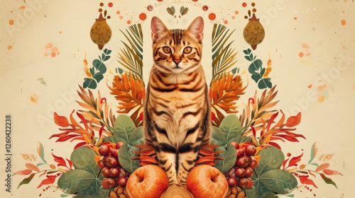 Bengal cat surrounded by rich autumnal leaves, fruits, and floral elements, blending nature and art in warm tones. A seasonal and artistic display. AI generated.