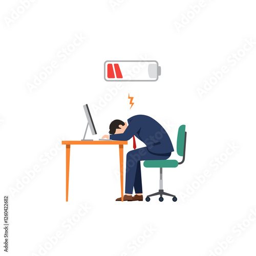 Exhausted Businessman Sleeping at Desk with Low Battery Symbol Above