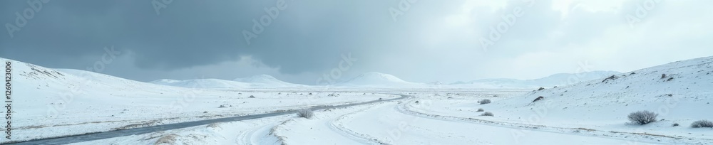 The terrain stretches out like an endless white canvas as rain falls down on the tundra landscape, grey, land slide The terrain stretches out like an endless white canvas as rain falls down on the tundra landscape, grey, land slide