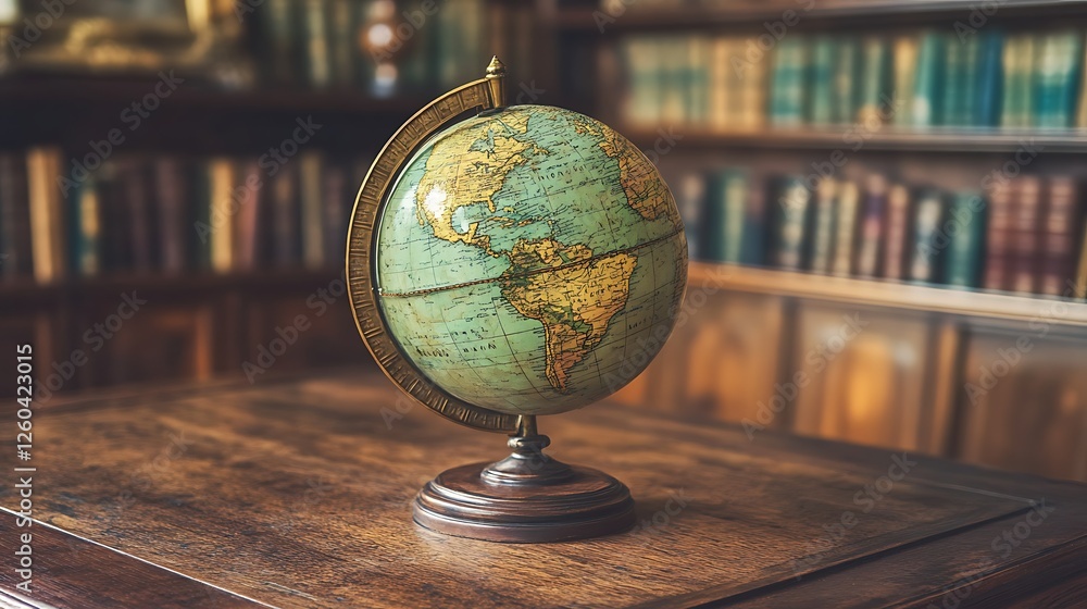 Antique globe on library desk, world map, bookshelves Antique globe on library desk, world map, bookshelves