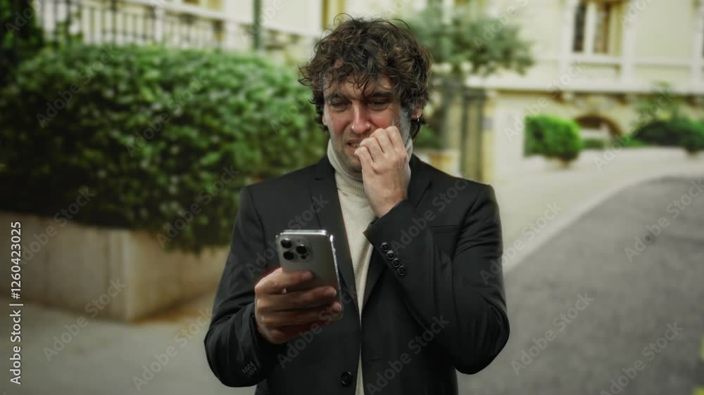 Young man appears worried while checking his phone outdoors in a city street, wearing a suit with curly hair and a turtleneck, displaying a sense of concern and contemplation. Young man appears worried while checking his phone outdoors in a city street, wearing a suit with curly hair and a turtleneck, displaying a sense of concern and contemplation.