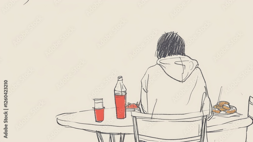 A minimalistic sketch depicts a person seated at a table with beverages and food, wearing a hoodie. The clean lines create a casual, contemplative mood. AI generated.
