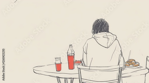 A minimalistic sketch depicts a person seated at a table with beverages and food, wearing a hoodie. The clean lines create a casual, contemplative mood. AI generated.