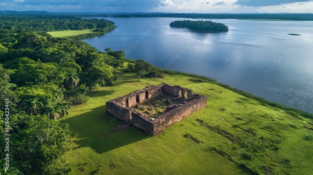 Fototapeta premium Aerial view of ancient ruins in the town of Velho Airao within the Amazon rainforest, Brazil.