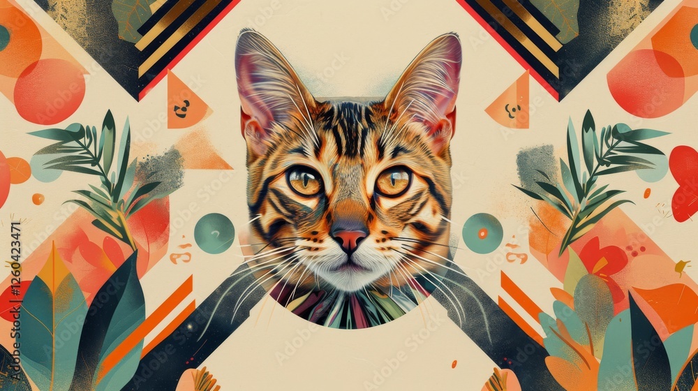 Bengal cat's face surrounded by abstract geometric patterns and botanical elements in vibrant hues. A modern artistic composition. AI generated.