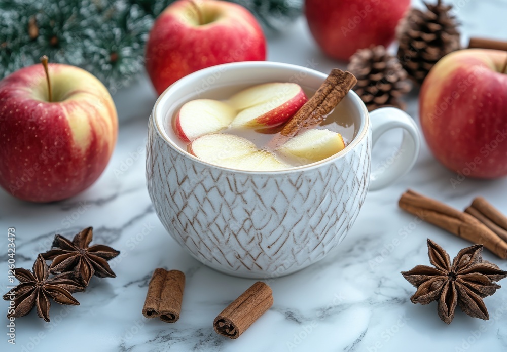 Cozy autumn beverage with warm spiced apple slices in a textured mug surrounded by fresh apples and aromatic spices on a marble surface Cozy autumn beverage with warm spiced apple slices in a textured mug surrounded by fresh apples and aromatic spices on a marble surface
