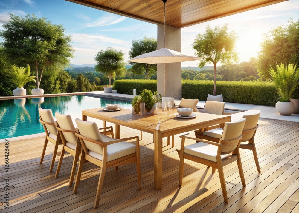 Fototapeta premium Indulge in summer luxury with this modern light wood outdoor dining set.