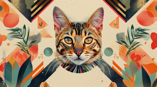 Obraz na płótnie Bengal cat's face surrounded by abstract geometric patterns and botanical elements in vibrant hues. A modern artistic composition. AI generated. w salonie