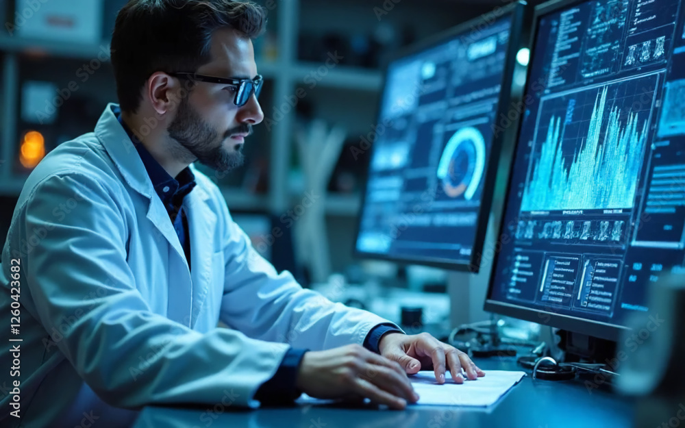 A scientist working in a high-tech laboratory, surrounded by advanced equipment, digital displays, and holographic data projections.
A scientist working in a high-tech laboratory, surrounded by advanced equipment, digital displays, and holographic data projections.