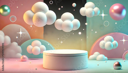 3D white podium against a smooth gradient of pastel black and white background.