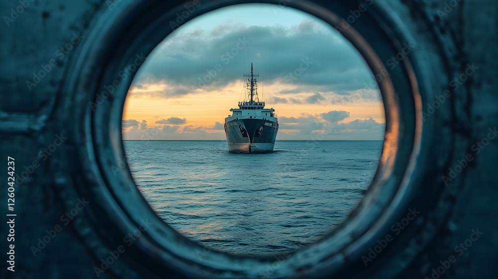 Naklejka premium Periscope photography capturing a ship at sea, framed within the circular lens against a backdrop of soft clouds
