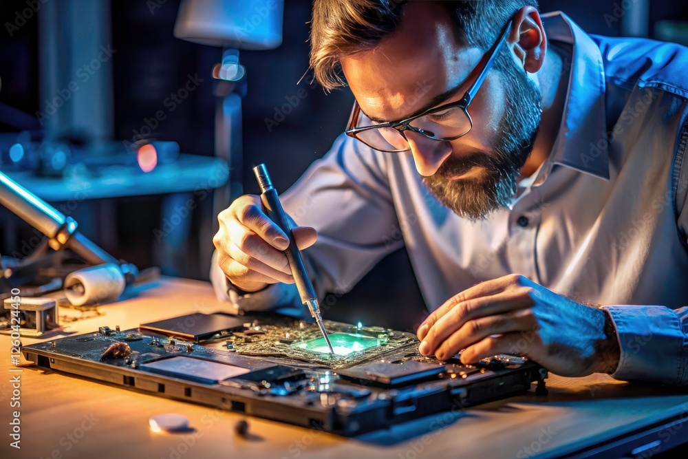 Obraz premium Low-light close-up reveals intricate micro-soldering on a laptop's circuit boardâ€”an expert tech's precision at work.