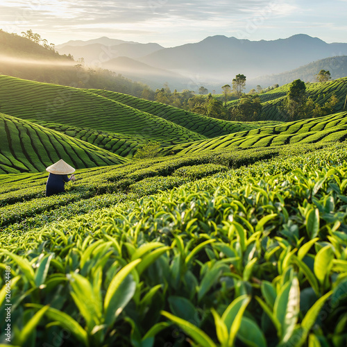 The crown are carefully picking the best tea leaves from tea plantations in the early morning.