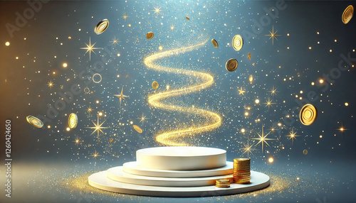 White podium and Golden stars and coins spiraling around podium