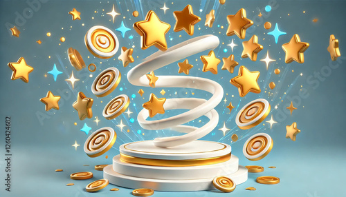 3D White podium with floating golden stars and coins