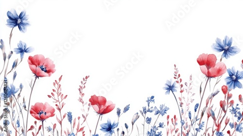 A vibrant watercolor illustration featuring red and blue flowers against a white background, creating a delicate and cheerful floral border.