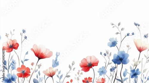 A vibrant watercolor illustration of blooming flowers in red and blue against a white background, creating a fresh and cheerful floral design.