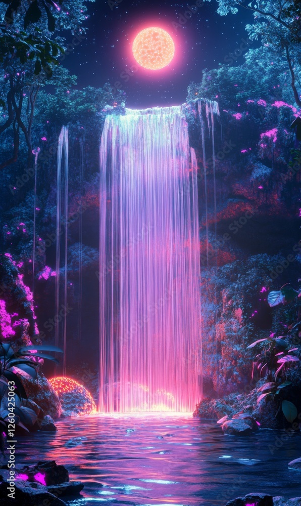 Fototapeta premium Enchanting cascade of light, moonlit stream, mystical forest illuminated with neon glow flora