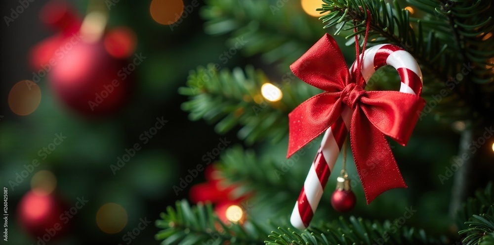 Candy cane and ribbon ornament on a Christmas tree, ribbons, festive holly