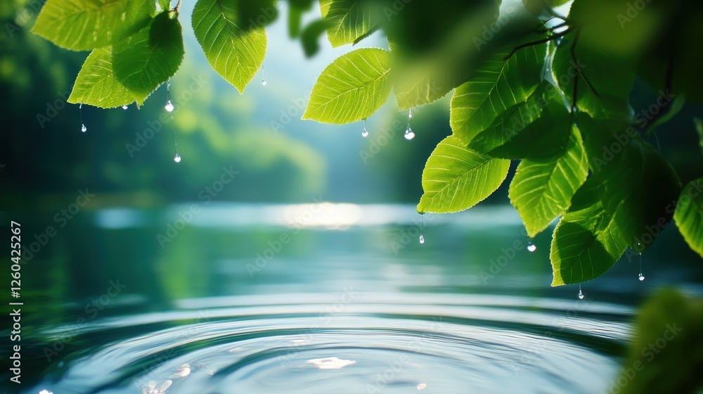 A serene close-up view of lush green leaves over a calm water surface, where gentle ripples form, surrounded by nature's tranquility and dripping water droplets, creating a peacefu A serene close-up view of lush green leaves over a calm water surface, where gentle ripples form, surrounded by nature's tranquility and dripping water droplets, creating a peacefu